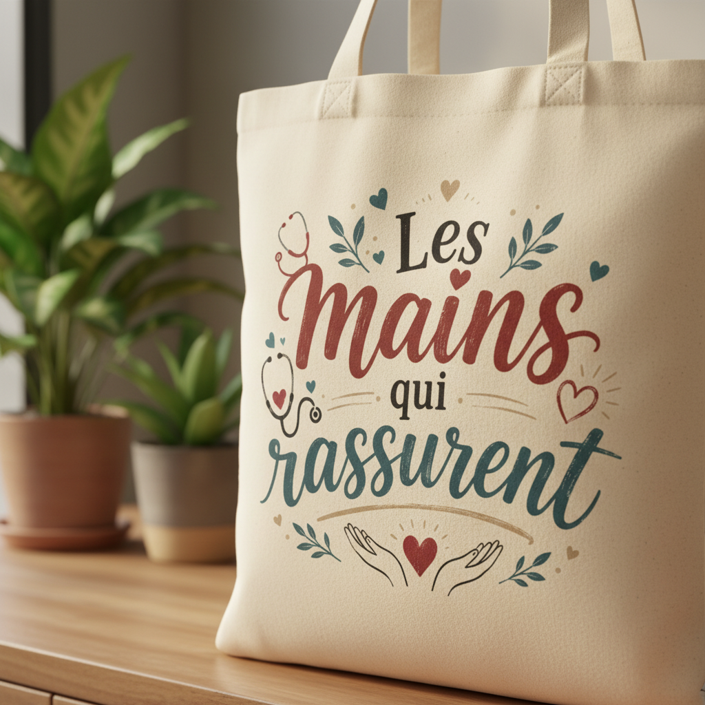 Sac cabas beige avec anses et grand motif « Les mains qui rassurent ».