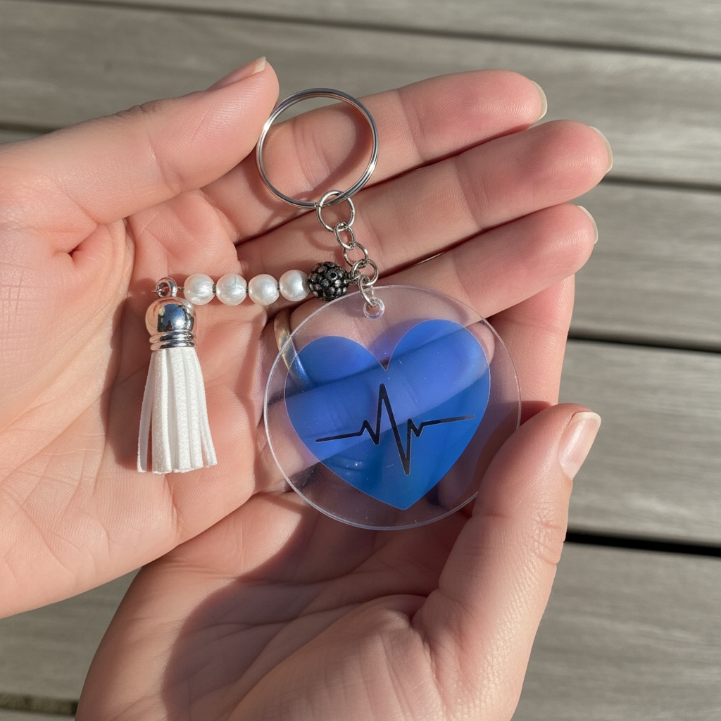 Porte-clés cœur irisé bleu avec ligne ECG, breloque perles et pompon blanc.