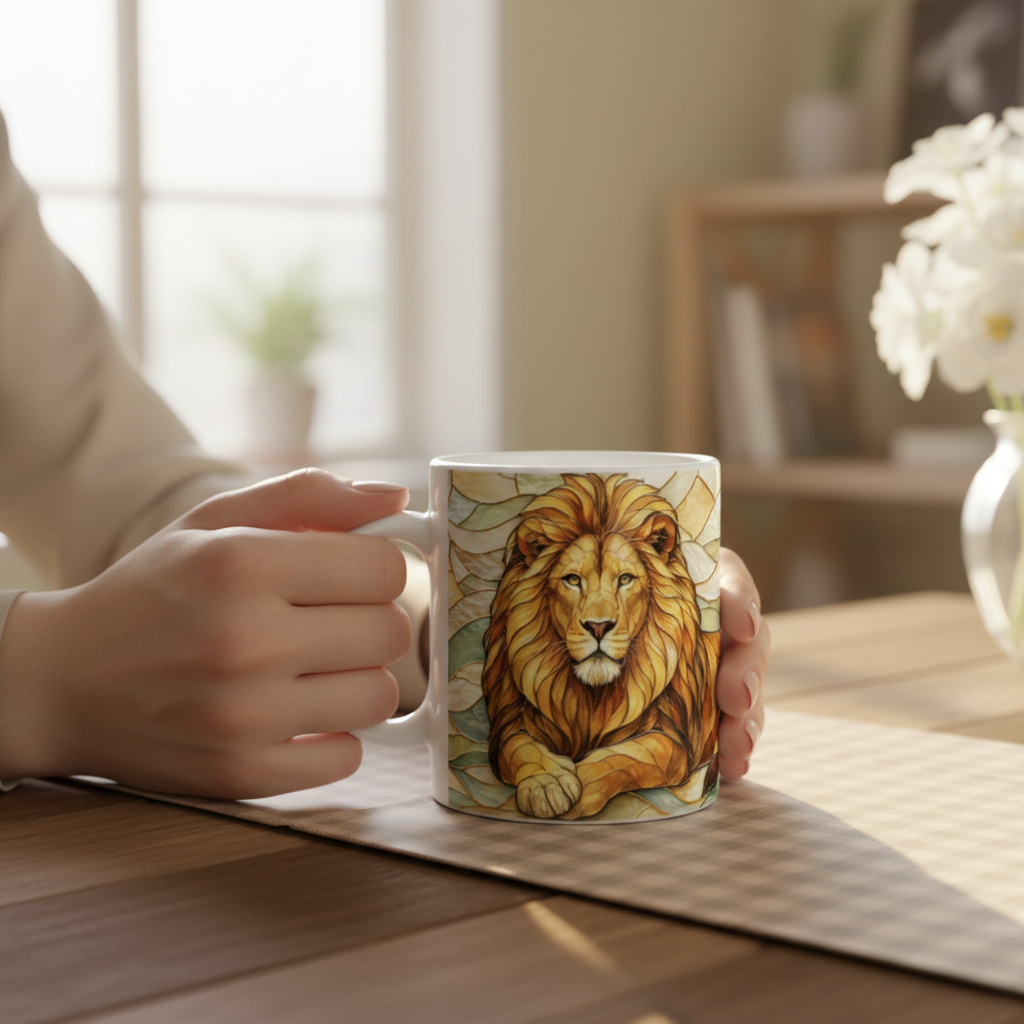 Mains tenant le mug lion vitrail