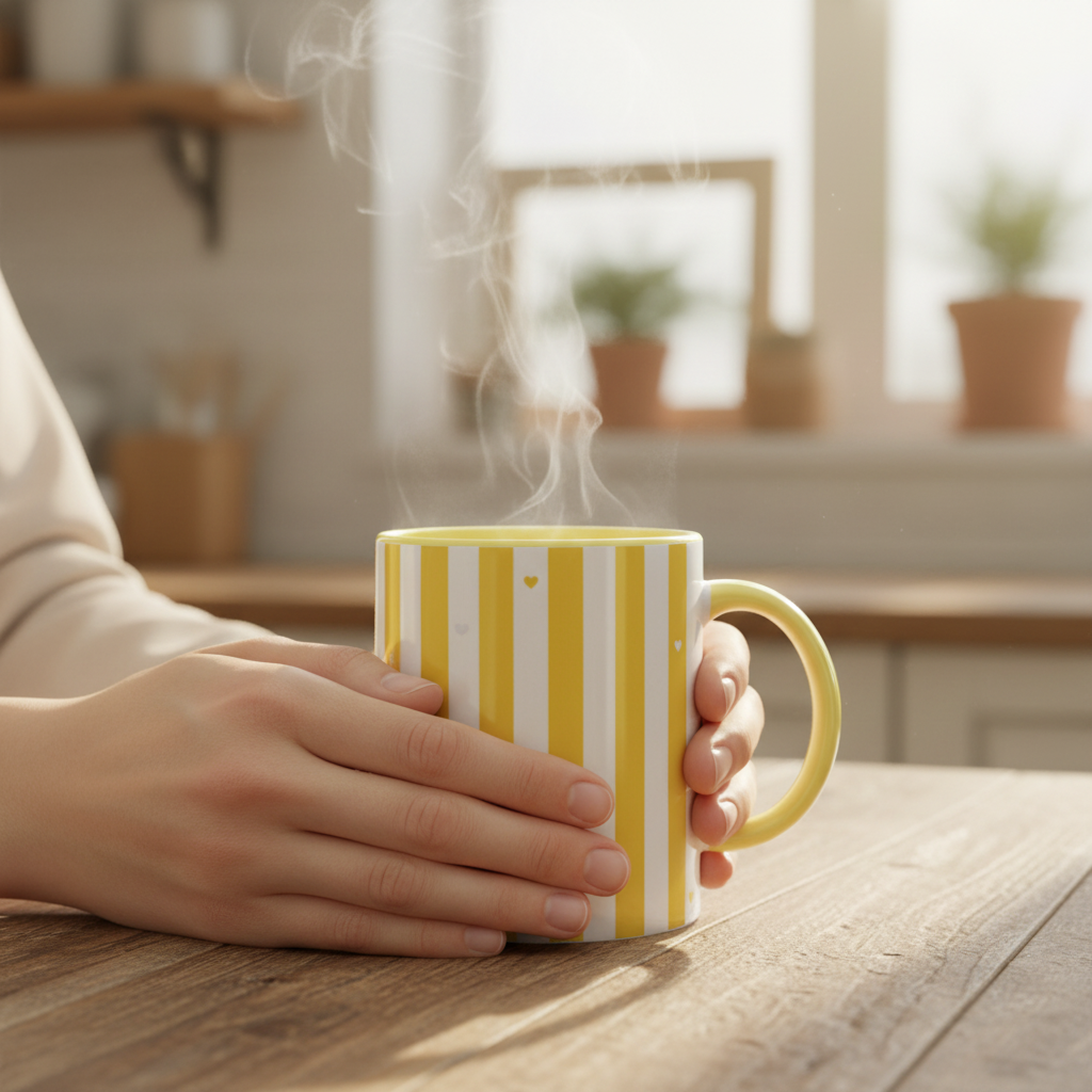 Mains tenant le mug rayures jaunes