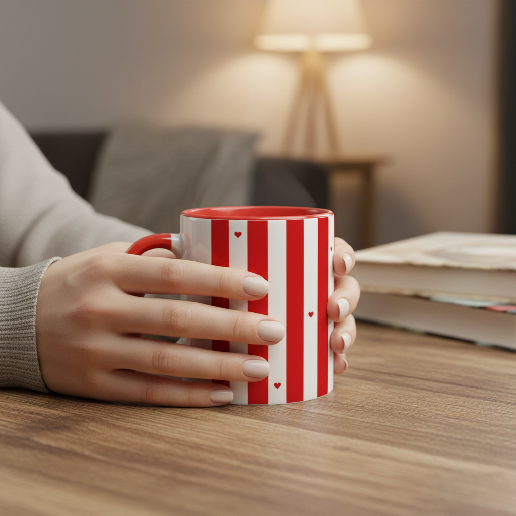 Mains tenant le mug rayures rouge et blanc, ambiance cosy