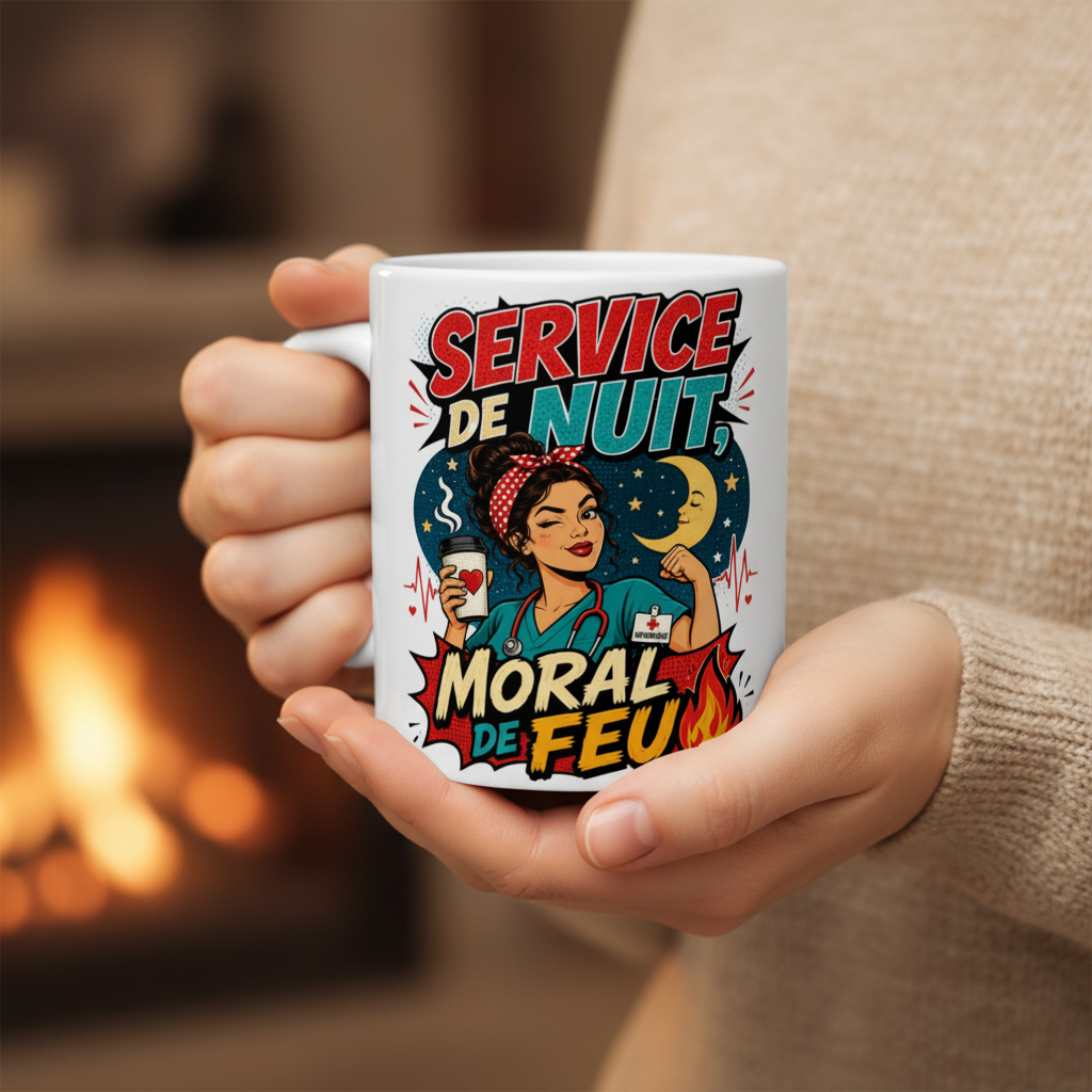Mug blanc avec impression « Service de nuit » et « Moral de feu »