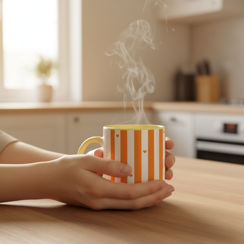 Mains tenant mug rayures orange blanc cœurs
