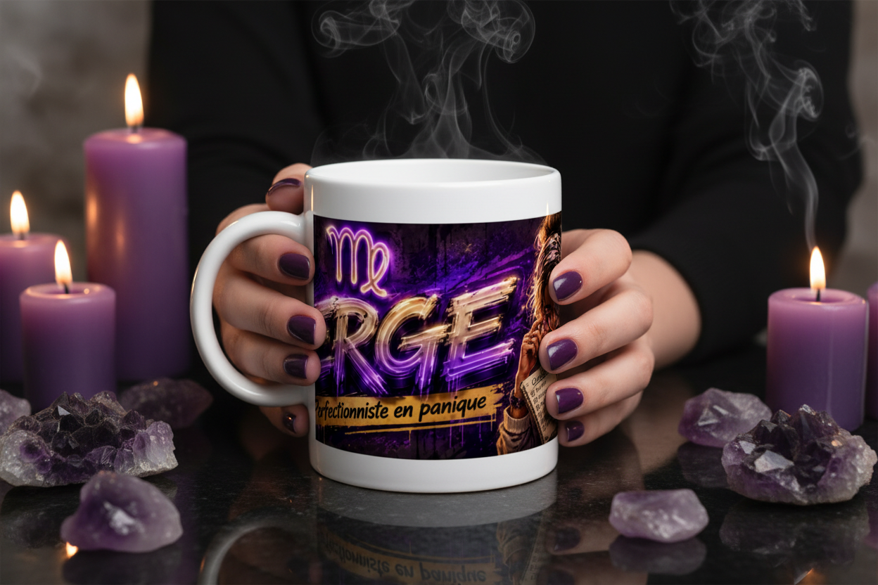 Mug blanc avec impression violette et dorée « Vierge perfectionniste en panique »
