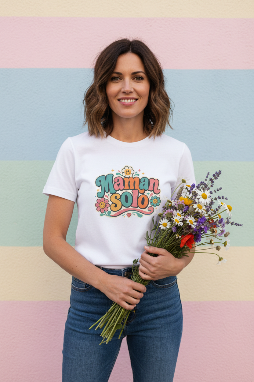 T-shirt blanc à col rond avec imprimé « Maman Solo » coloré et fleurs, devant.