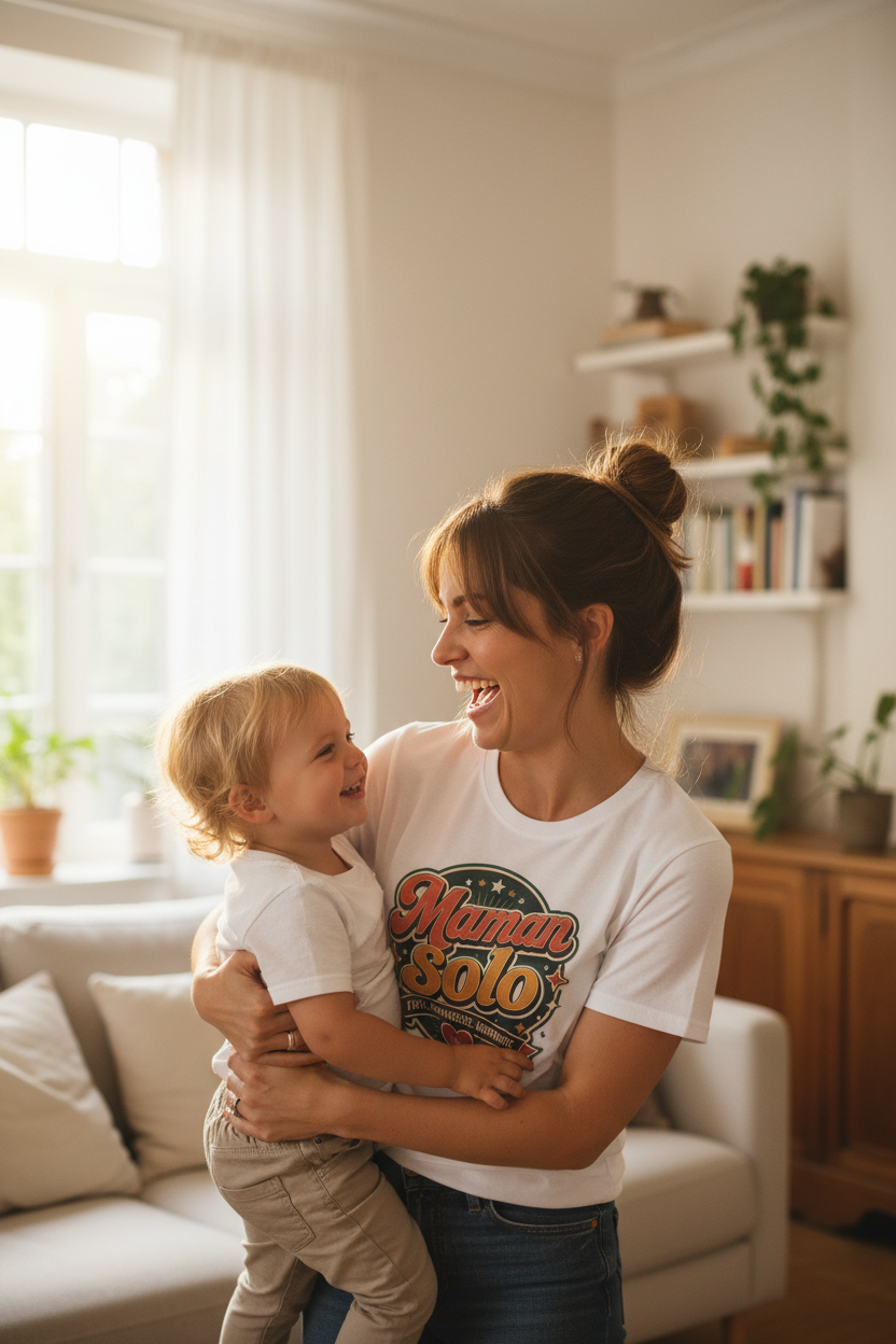 T-shirt blanc à motif « Maman Solo » sur la poitrine, manches courtes.