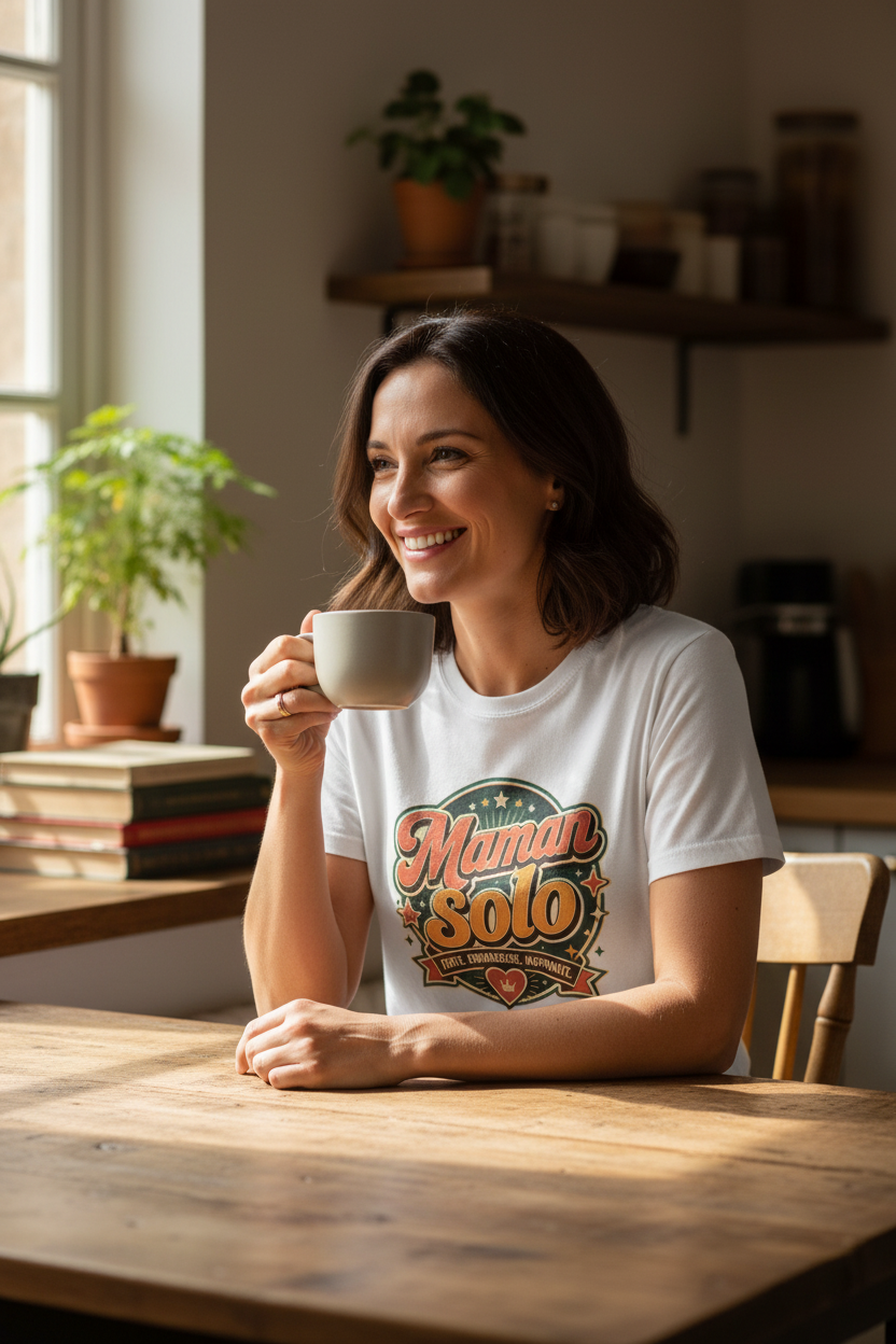 T-shirt blanc en coton avec imprimé « Maman Solo » centré au buste.