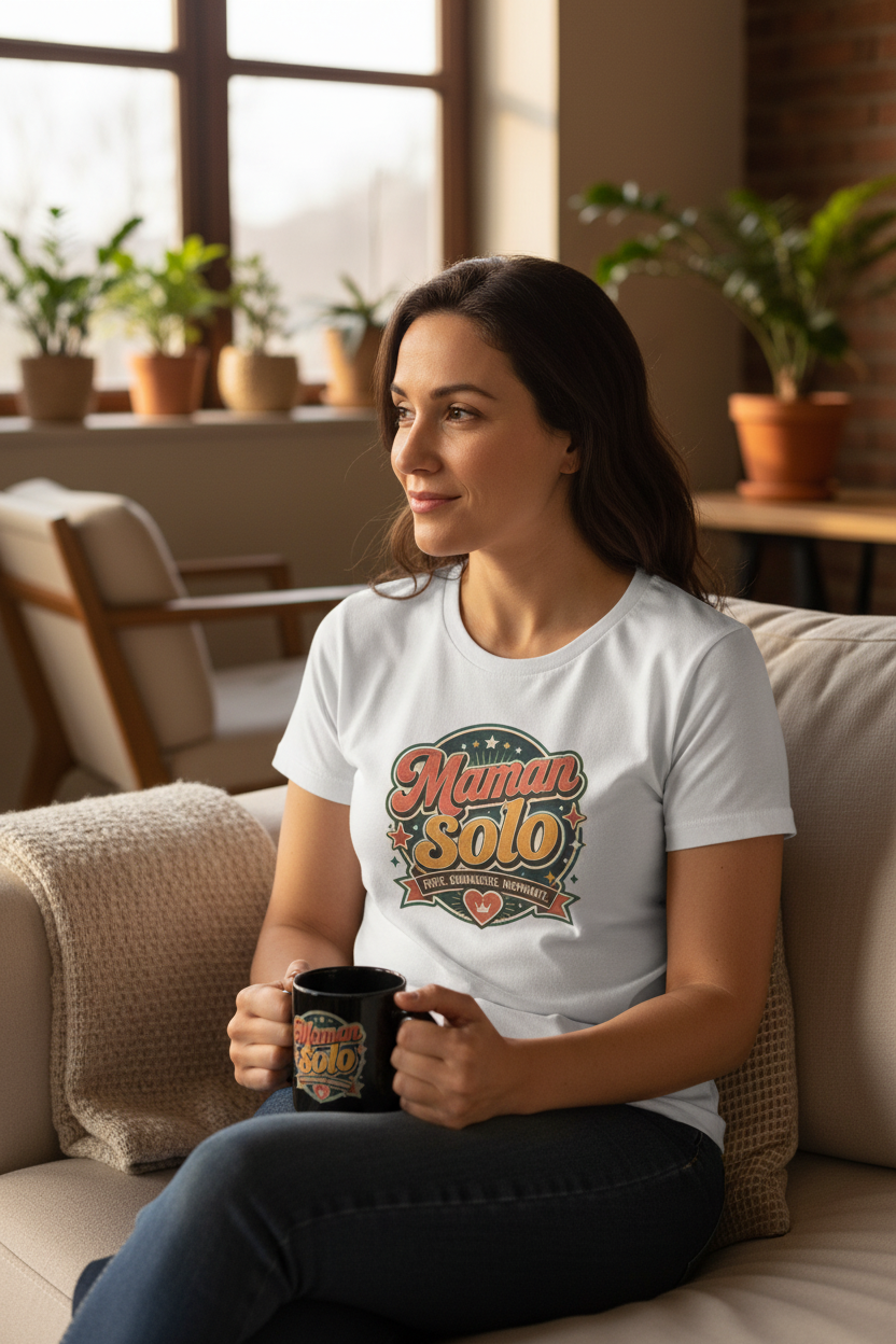 Mug noir « Maman Solo » tenu en main, avec t-shirt blanc assorti