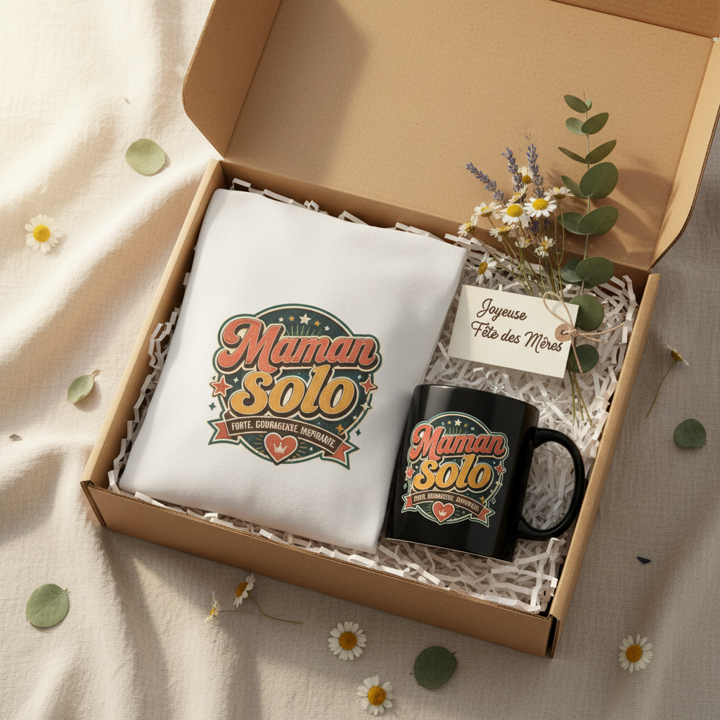 Coffret cadeau avec mug noir « Maman Solo » et t-shirt blanc plié