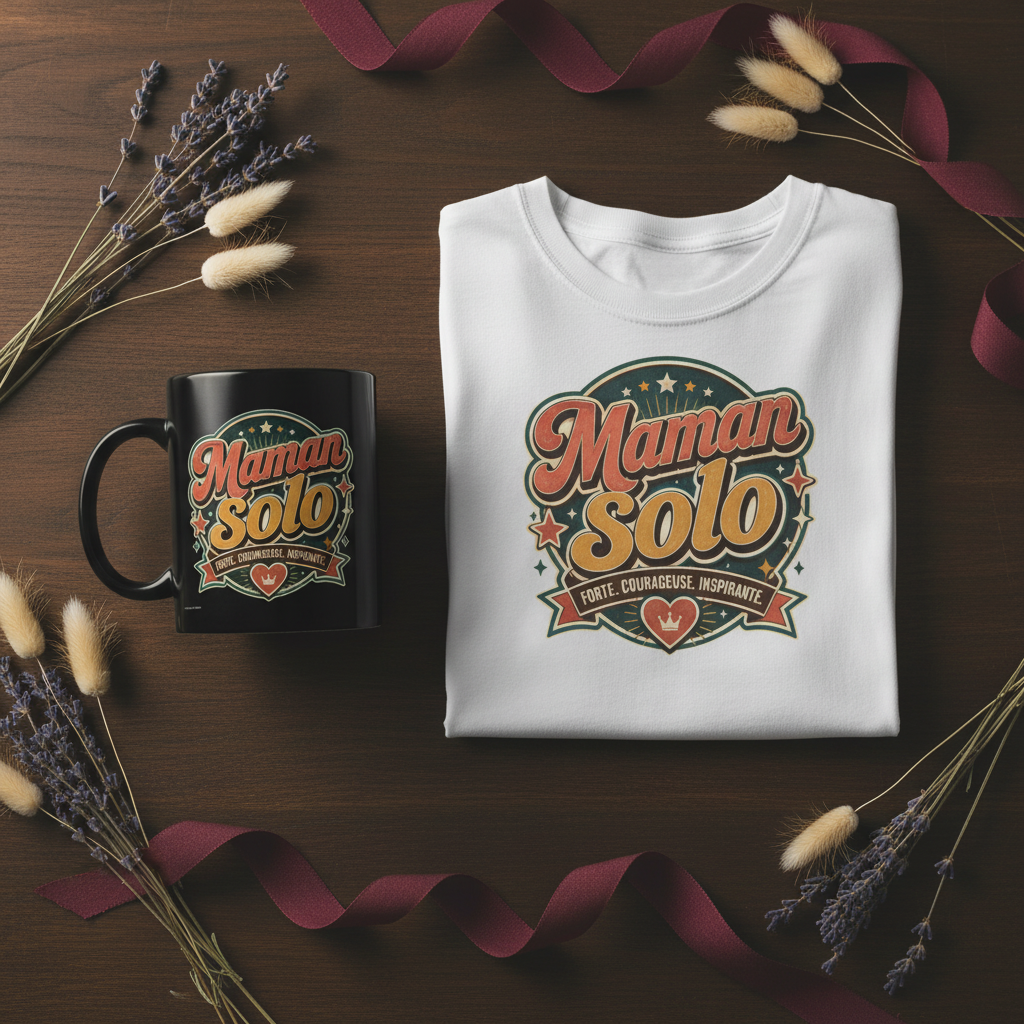 Mug noir « Maman Solo » et t-shirt blanc « Maman Solo » sur fond bois