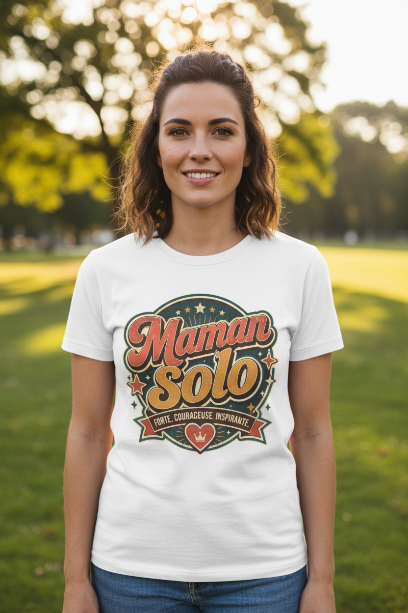 T-shirt blanc à imprimé « Maman Solo » avec texte « Forte, courageuse ».