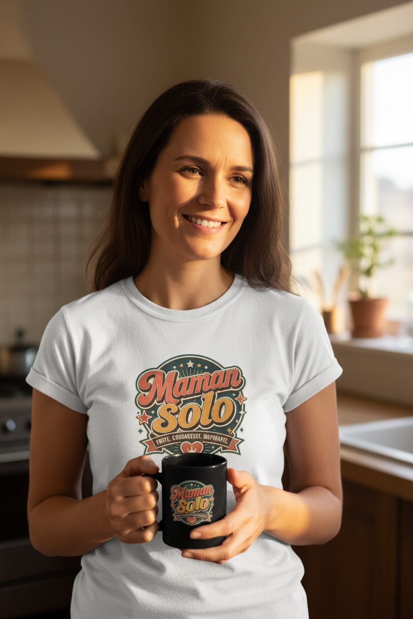 Mug noir « Maman Solo » avec anse, porté devant un t-shirt blanc