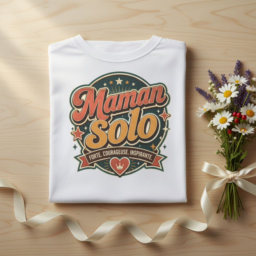 T-shirt blanc plié, grand imprimé « Maman Solo » au centre.