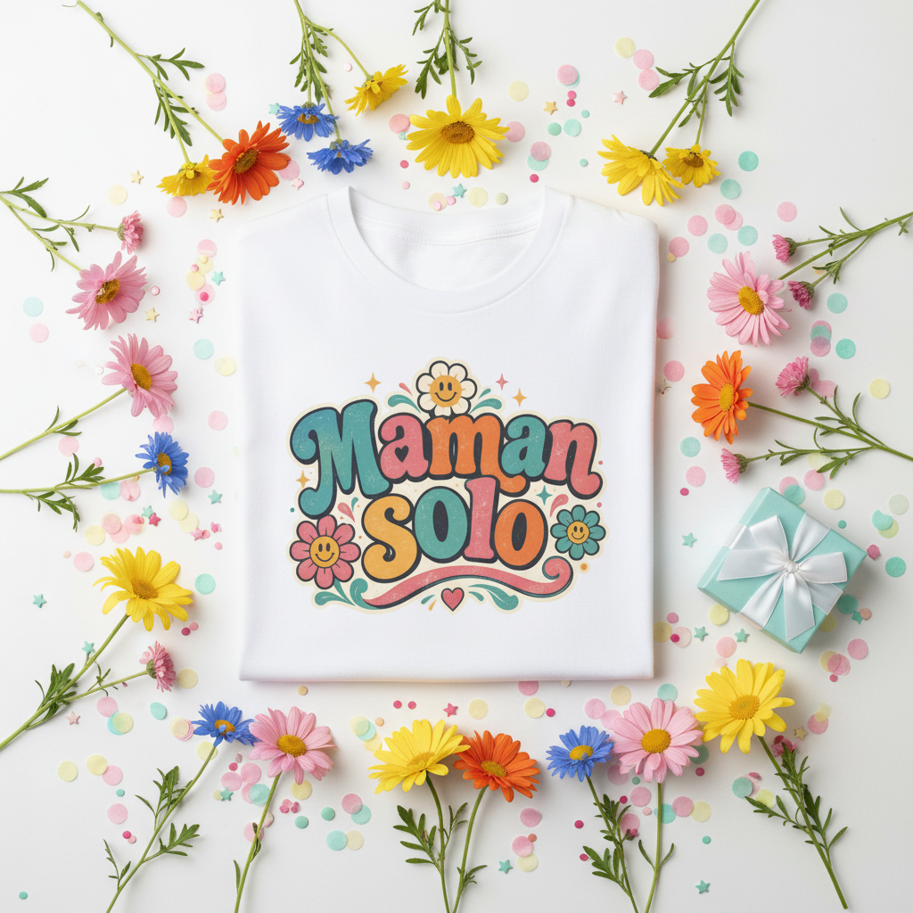 T-shirt blanc plié avec imprimé « Maman Solo » coloré et fleurs, vue de face.