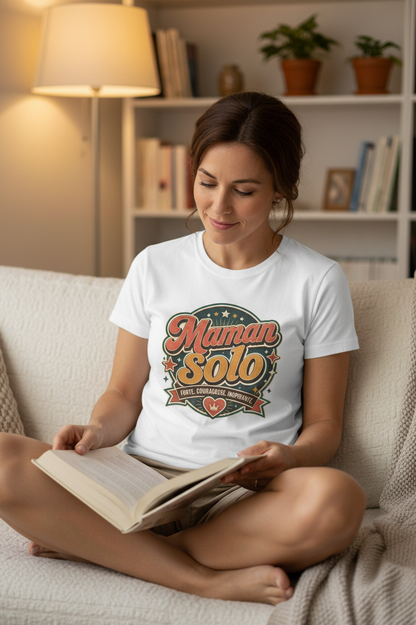 T-shirt blanc en coton avec logo « Maman Solo » sur le devant.