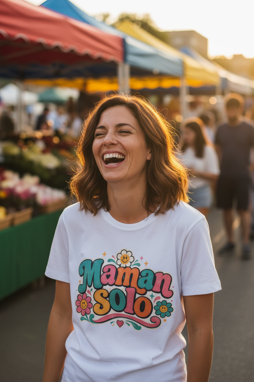 T-shirt blanc en gros plan avec motif « Maman Solo » fleuri coloré au centre.