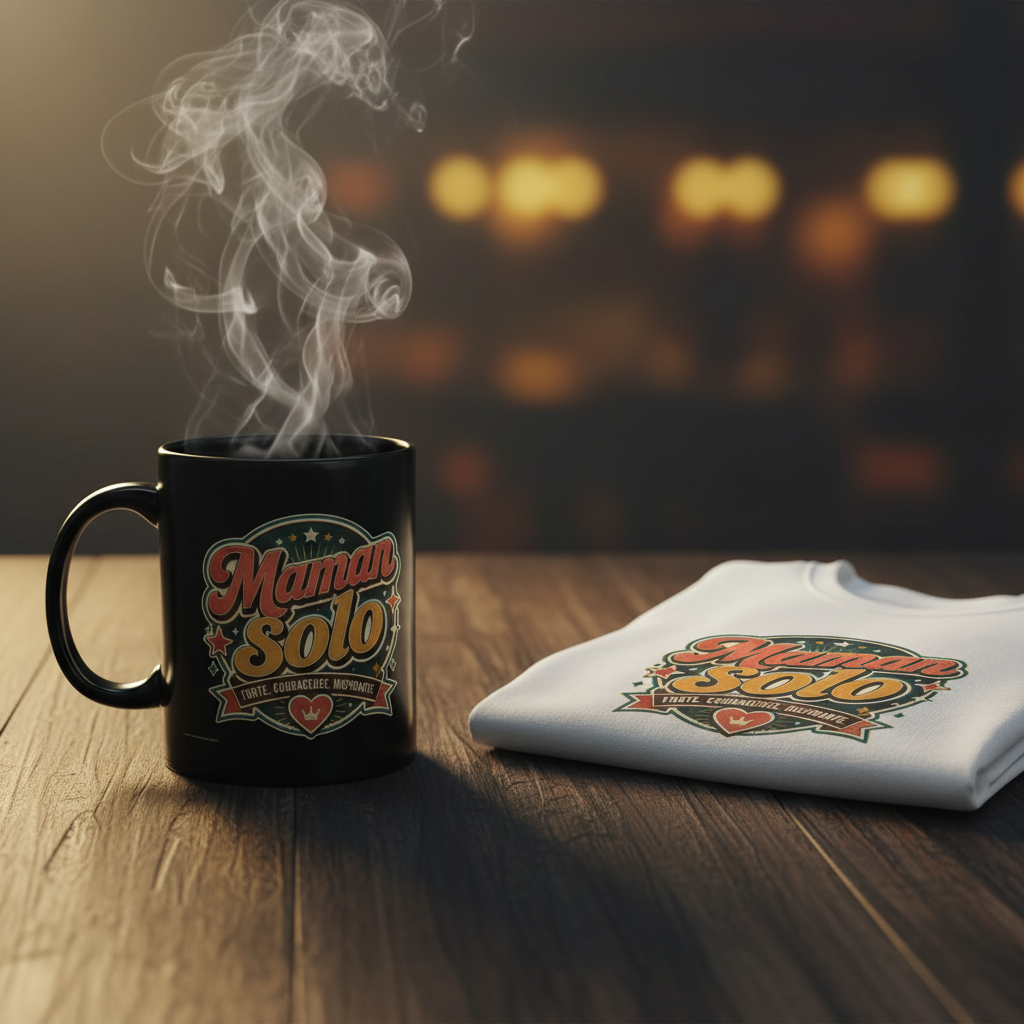 Mug noir « Maman Solo » fumant sur table, avec t-shirt blanc plié