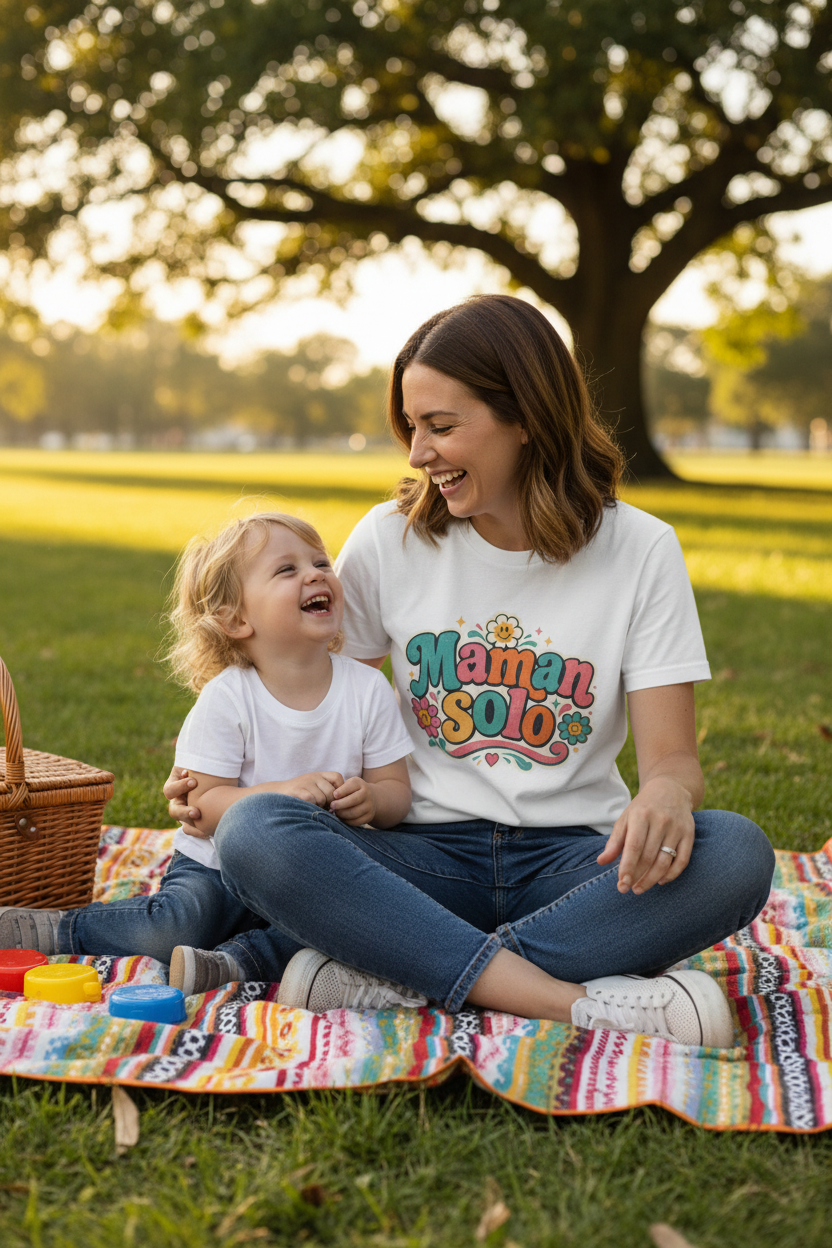 T-shirt blanc « Maman Solo » imprimé, col rond, motif fleuri coloré au centre.