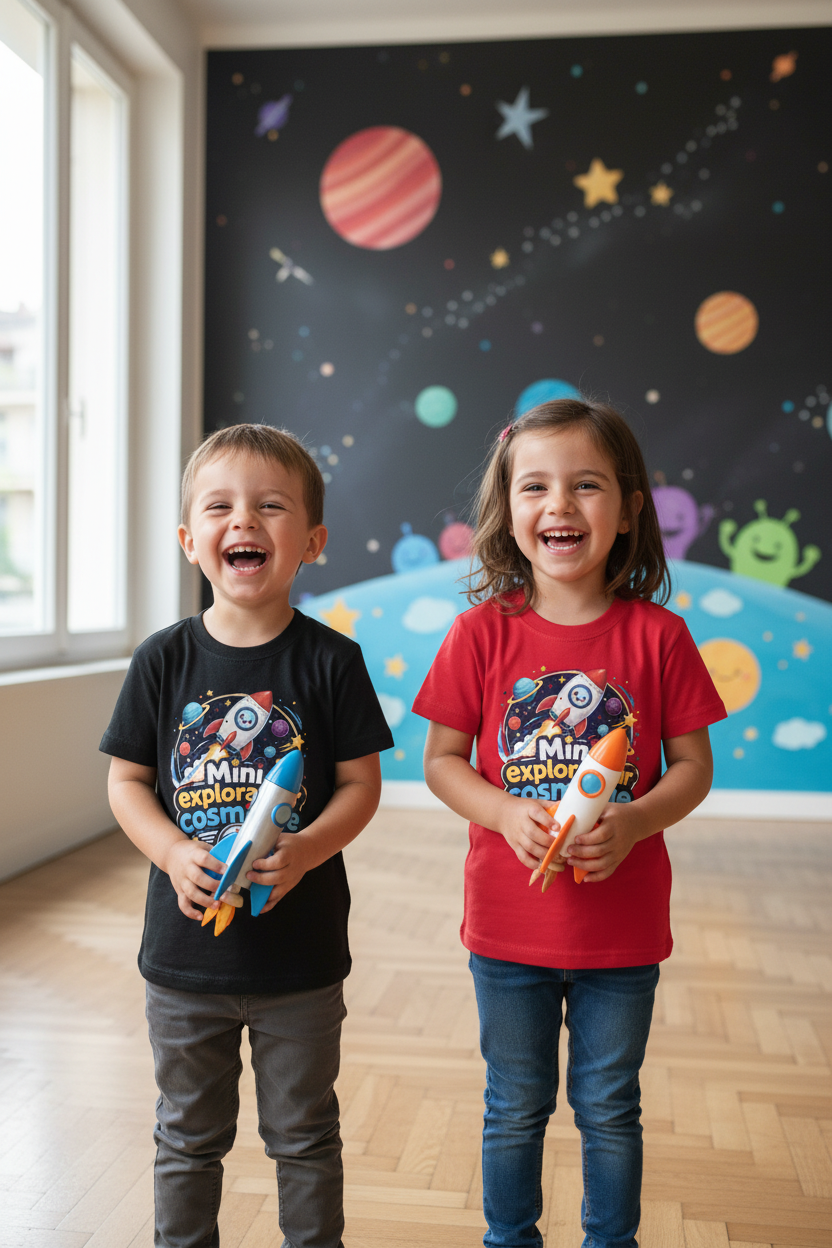 T-shirts enfant noir et rouge, manches courtes, imprimé «Mini explorateur cosmique»