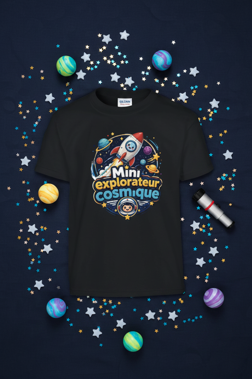 T-shirt enfant noir à imprimé rond «Mini explorateur cosmique»
