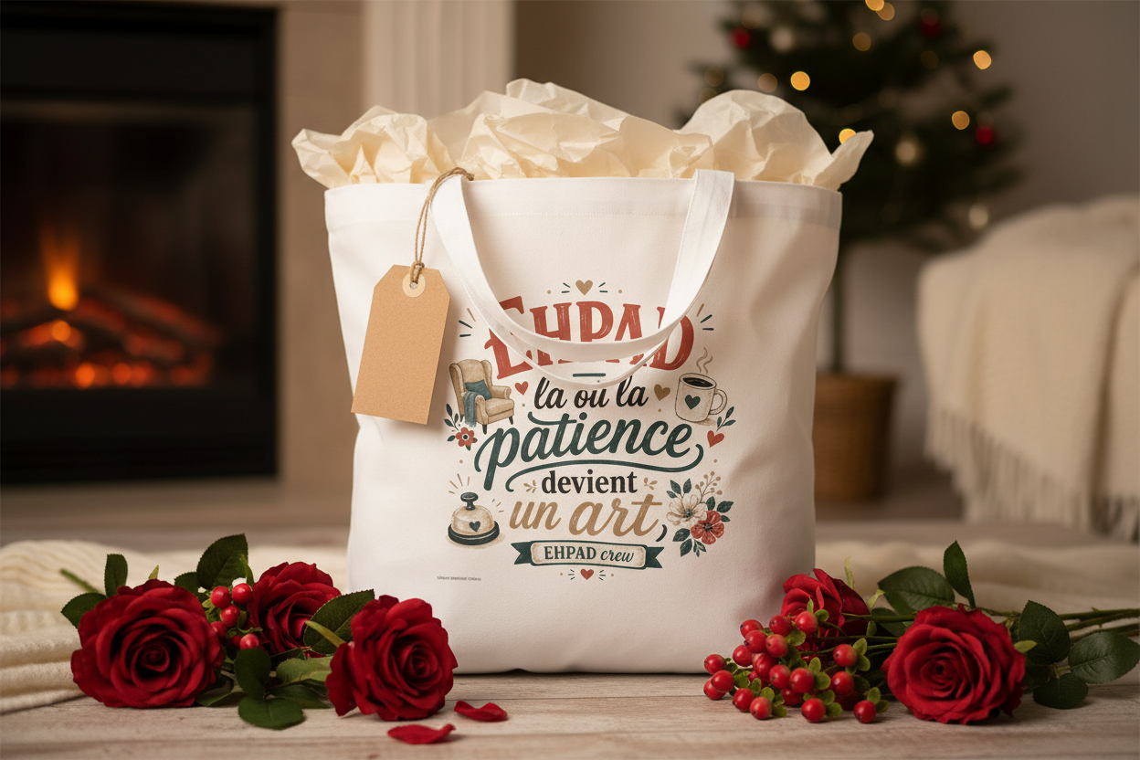 Tote bag blanc avec anses et étiquette, motif EHPAD « la patience devient un art »