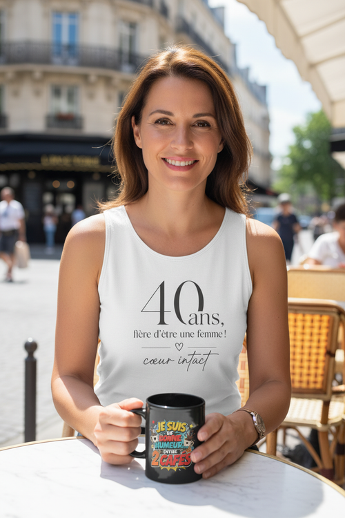 Débardeur blanc sans manches avec motif «40 ans» et texte «cœur intact».