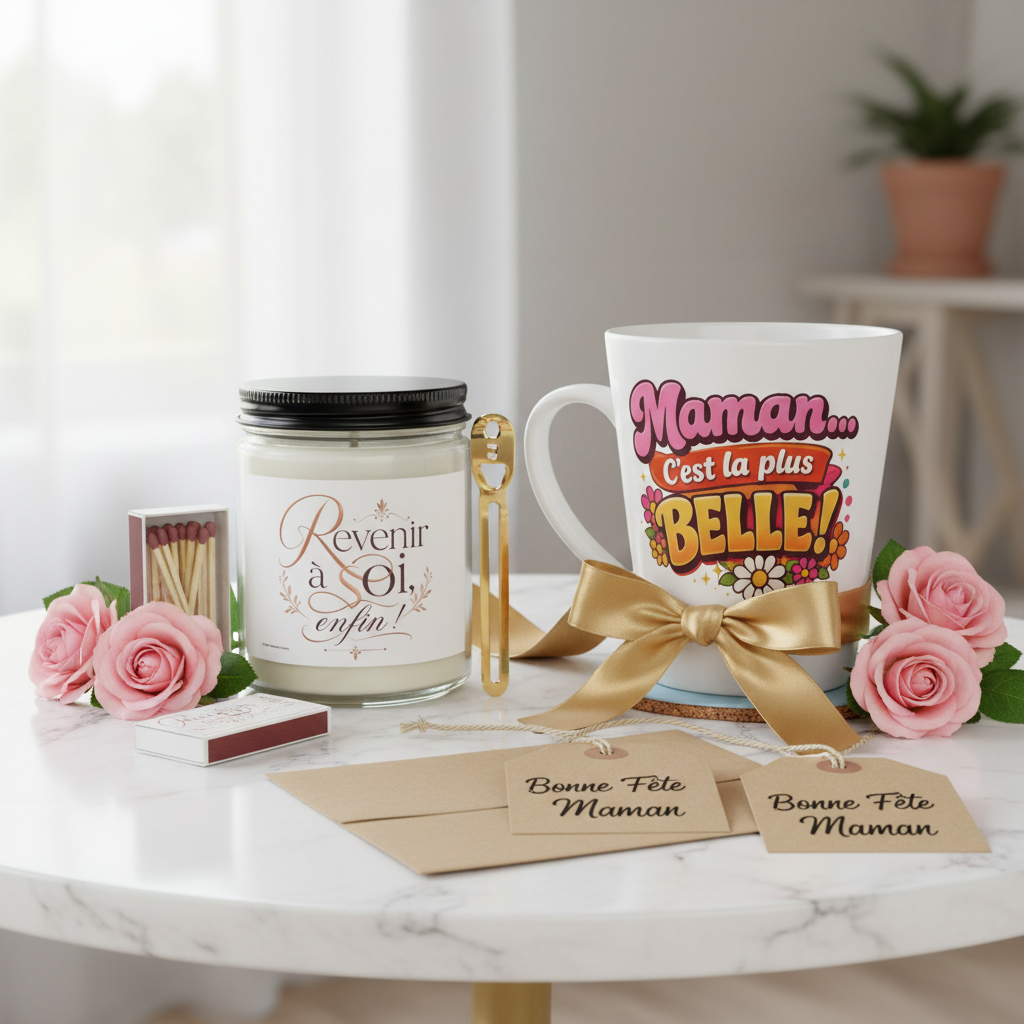 Tasse décorative et coffret bougie parfumée avec pot en verre et allumettes