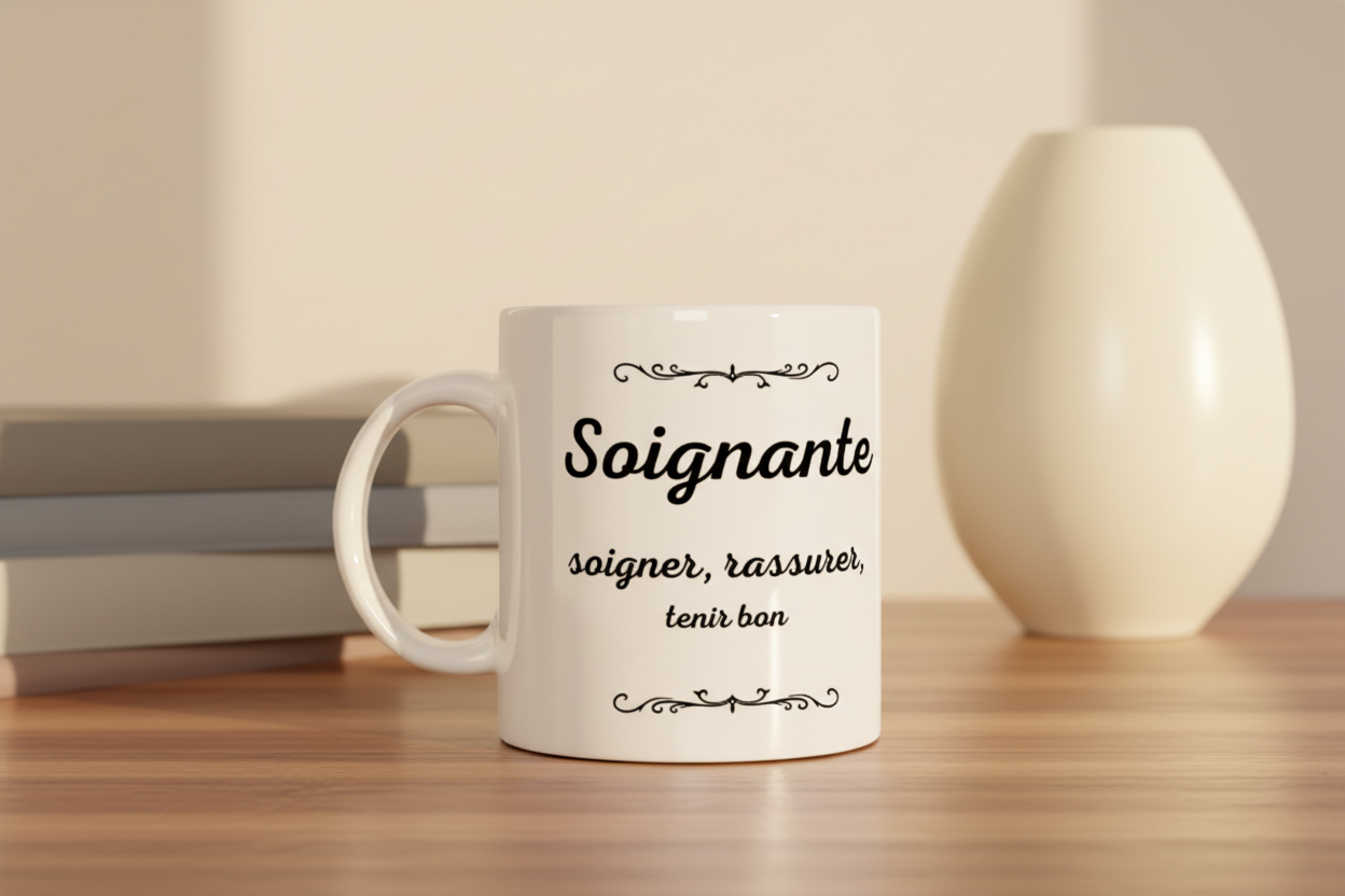 Mug blanc Soignante avec lettrage noir et phrase « soigner, rassurer, tenir bon ».