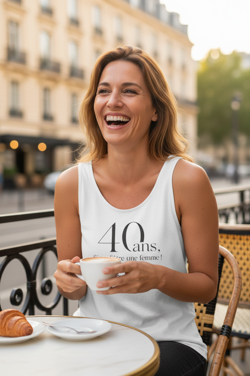 Débardeur blanc sans manches «40 ans» avec message «cœur intact».