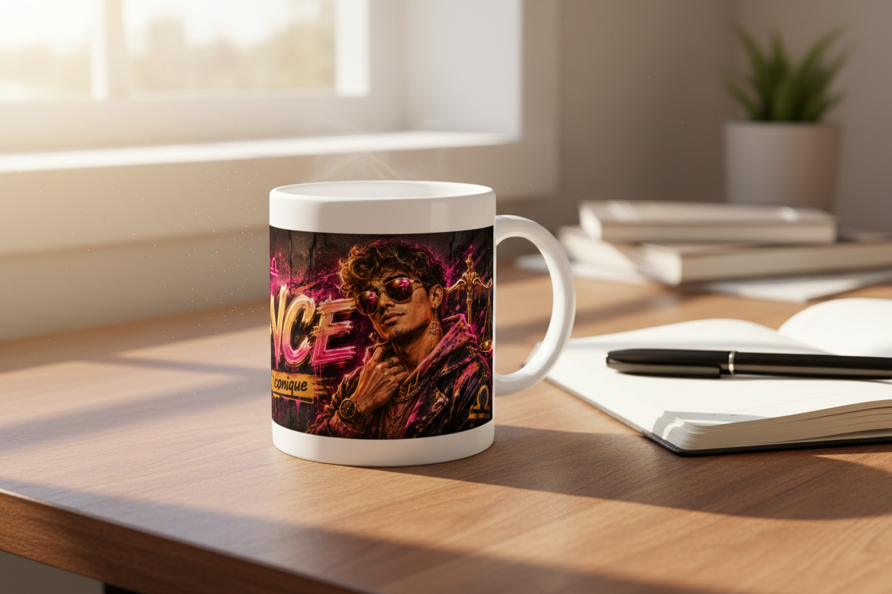 Tasse blanche posée sur table, visuel néon violet et or avec personnage.