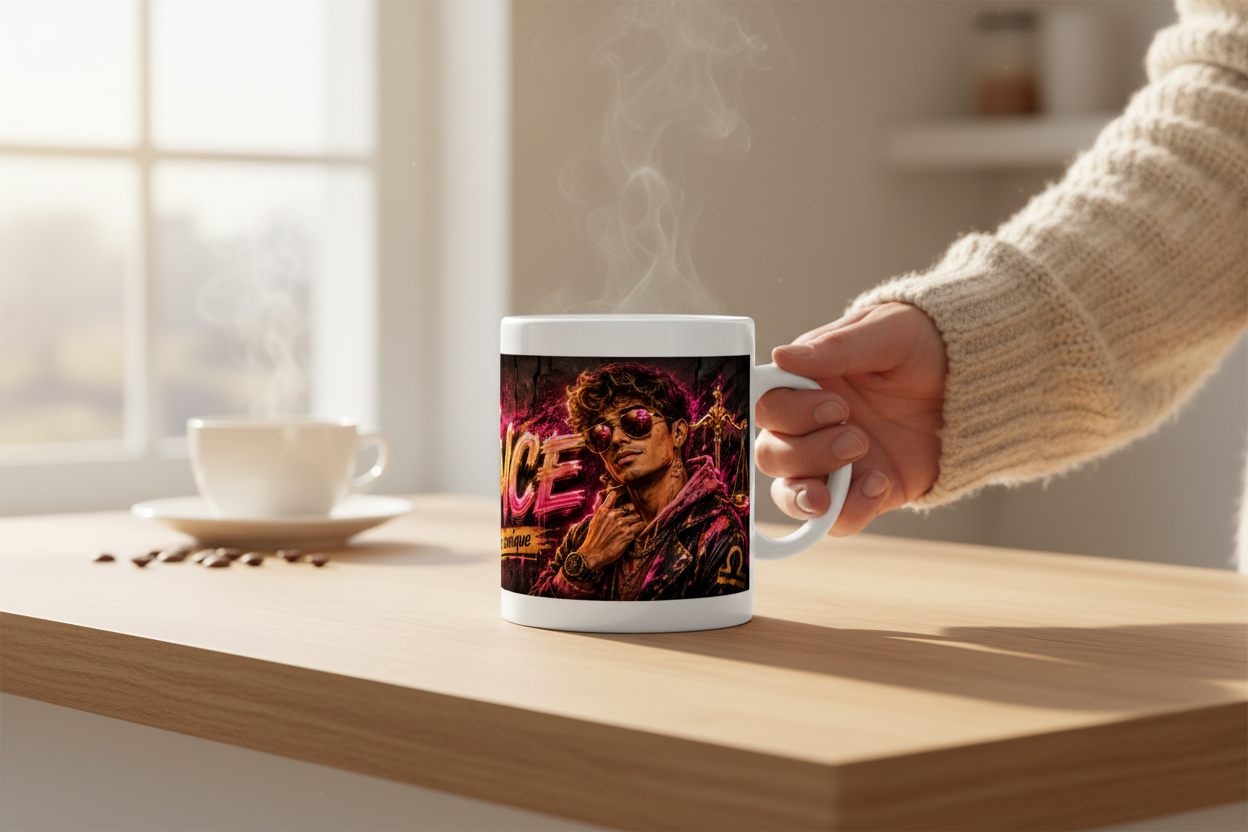 Tasse blanche avec visuel néon violet et or, tenue près de la table.