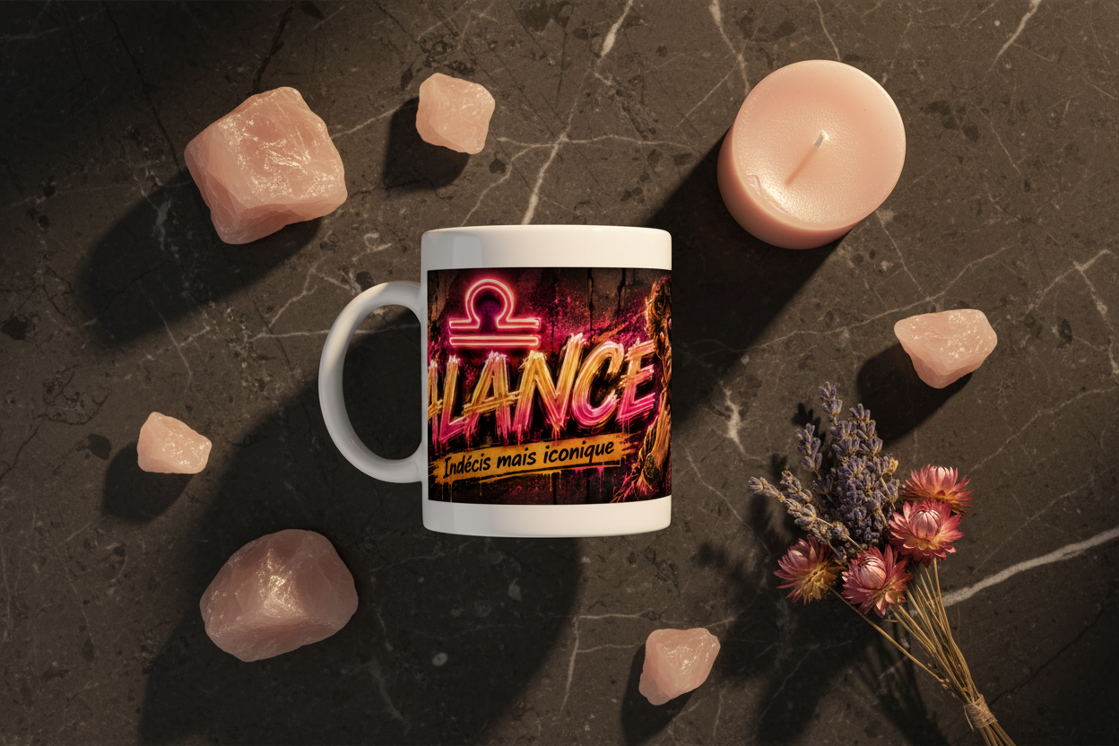 Tasse blanche avec visuel néon violet et or, homme stylisé en arrière-plan.