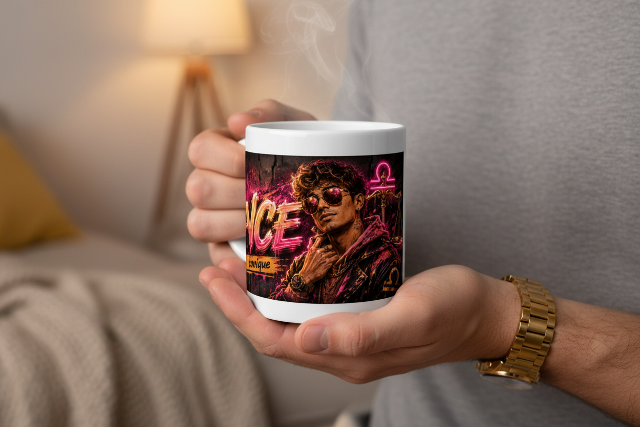 Tasse blanche tenue en main, impression néon violet et or avec personnage.