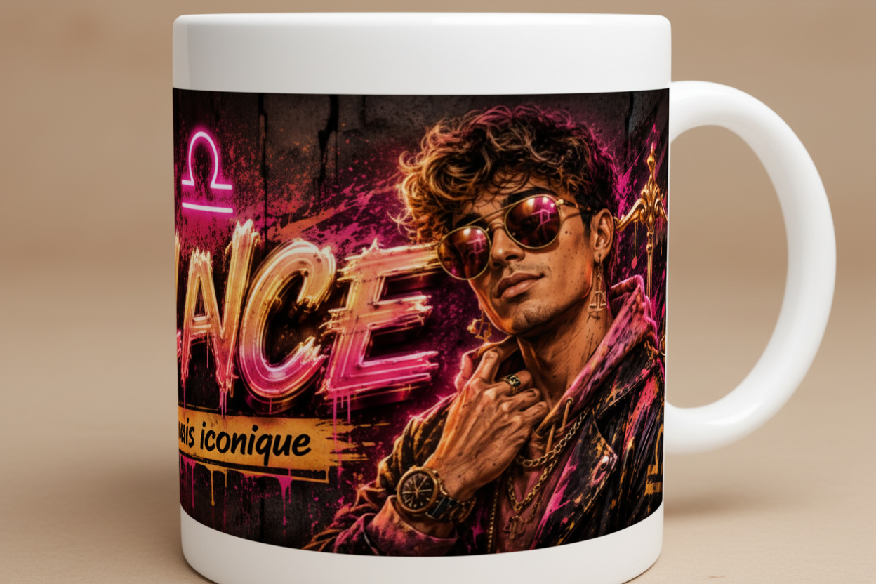Tasse blanche avec grande impression néon violet et or, personnage au centre.