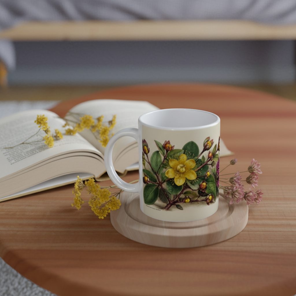 Mug Botanique Vintage — plateau bois livre fleurs séchées