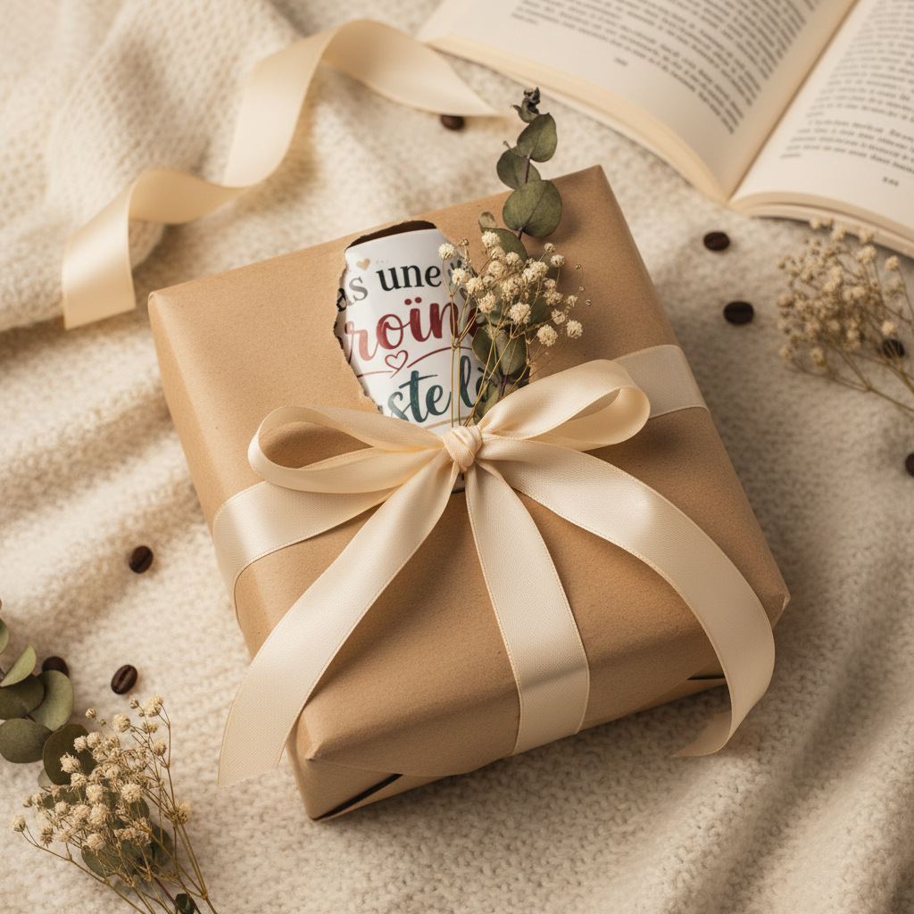 Tasse dans un coffret cadeau kraft noué, texte « Pas une héroïne » visible.