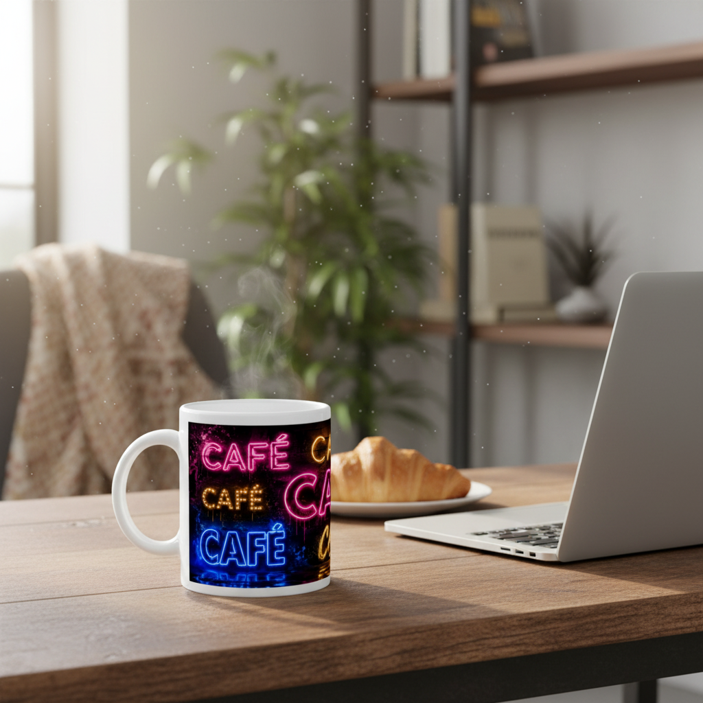 Mug blanc à motif néon « CAFÉ », posé sur une table