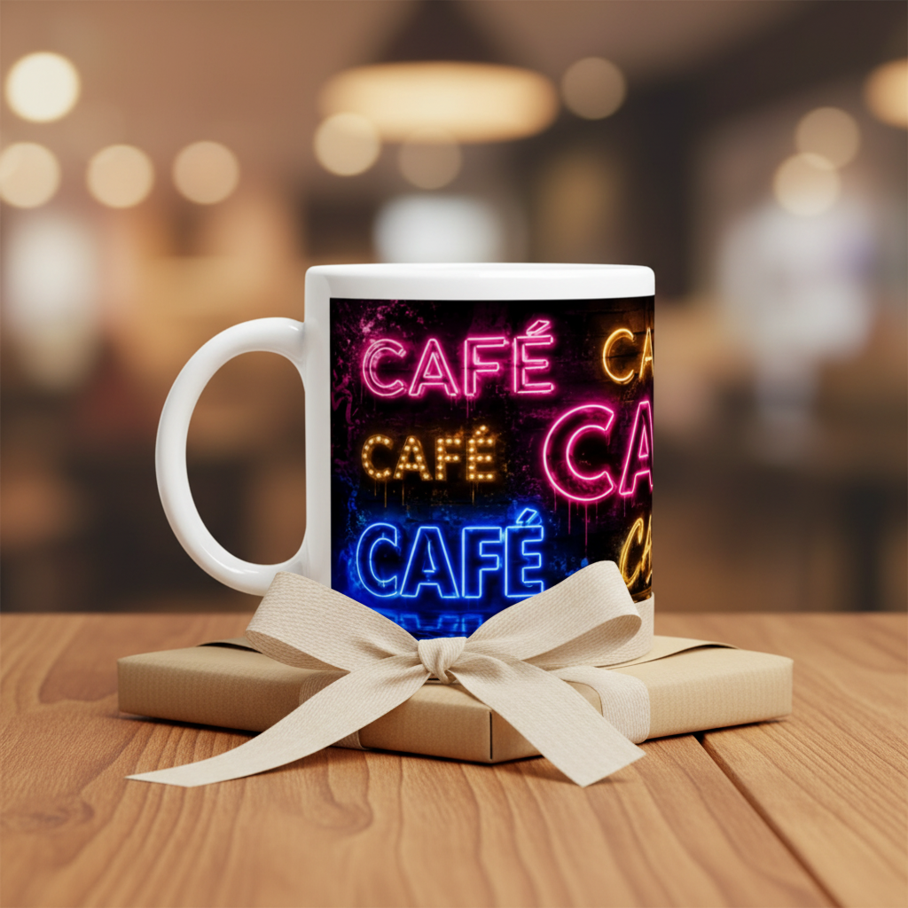 Mug blanc « CAFÉ » néon multicolore, posé sur un coffret cadeau noué