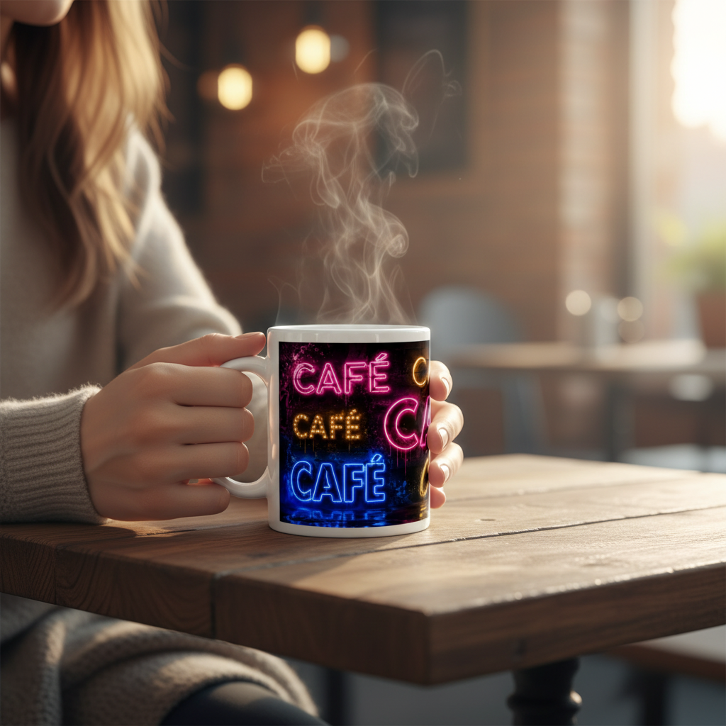Mug blanc avec impression néon « CAFÉ » colorée, fumée au-dessus