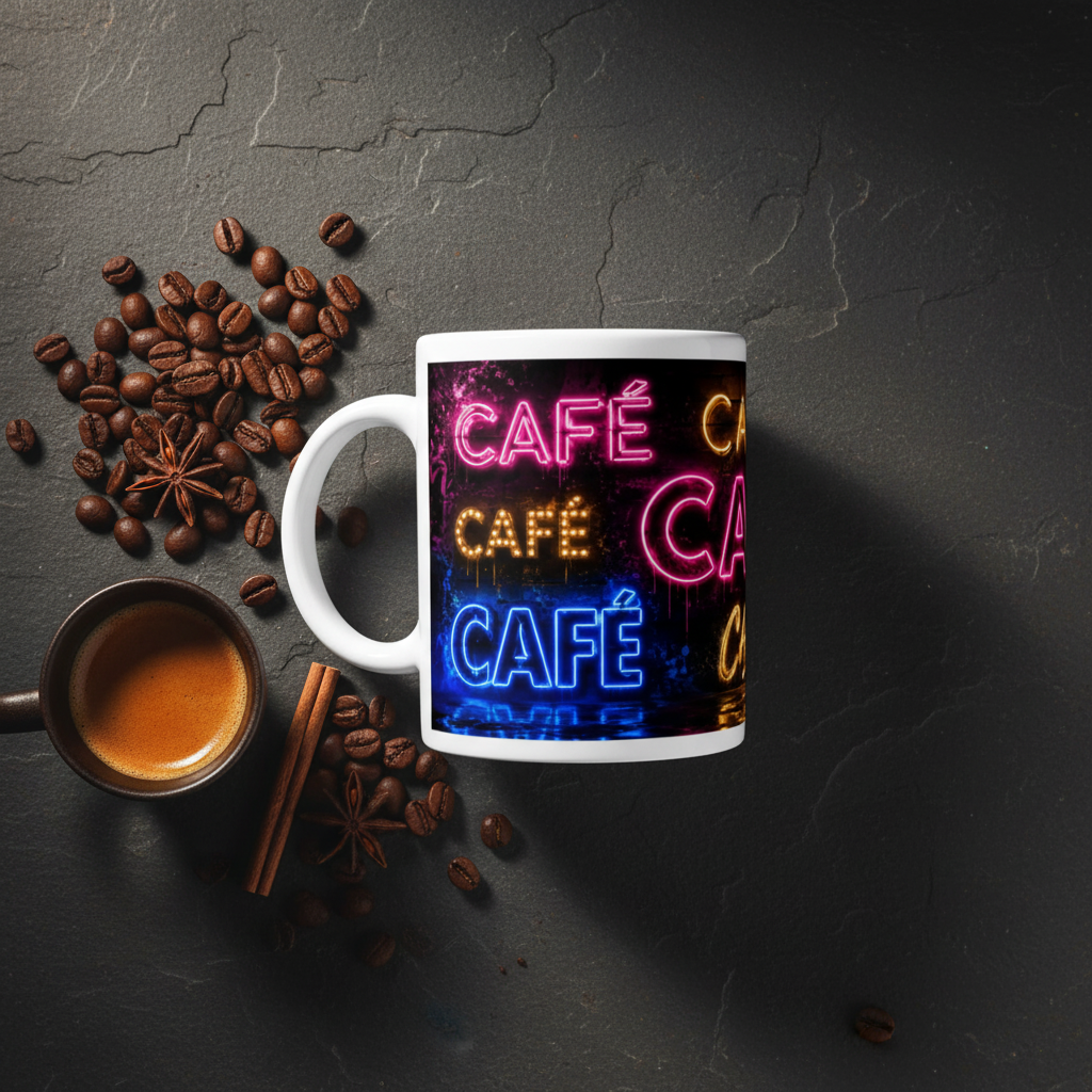 Mug blanc « CAFÉ » style néon, avec grains de café et cannelle à côté