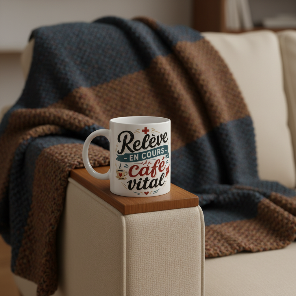 Mug blanc « Relève en cours café vital » sur un coussin, impression centrale bien lisible.