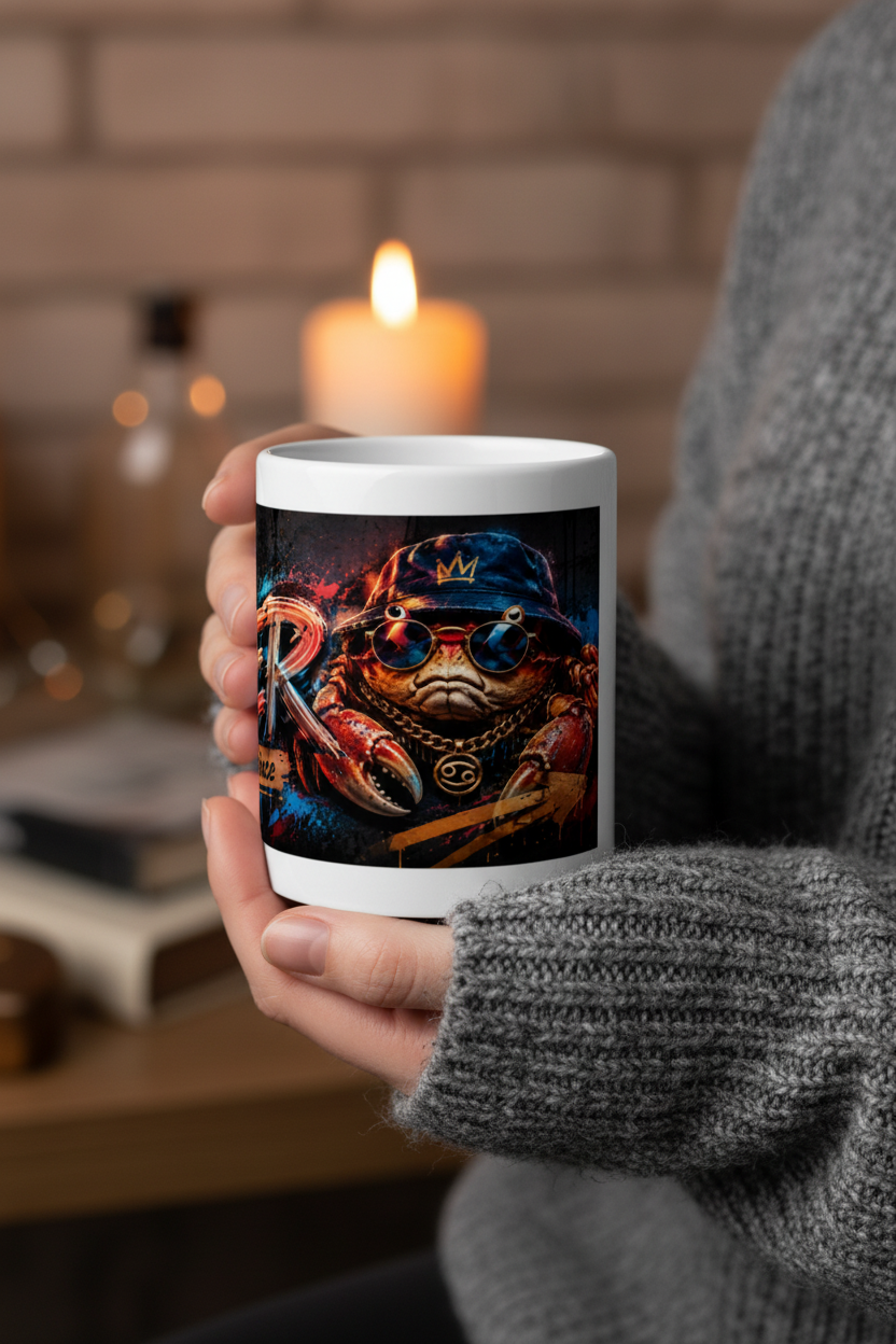 Mug blanc tenu en main, motif CANCER coloré et personnage illustré