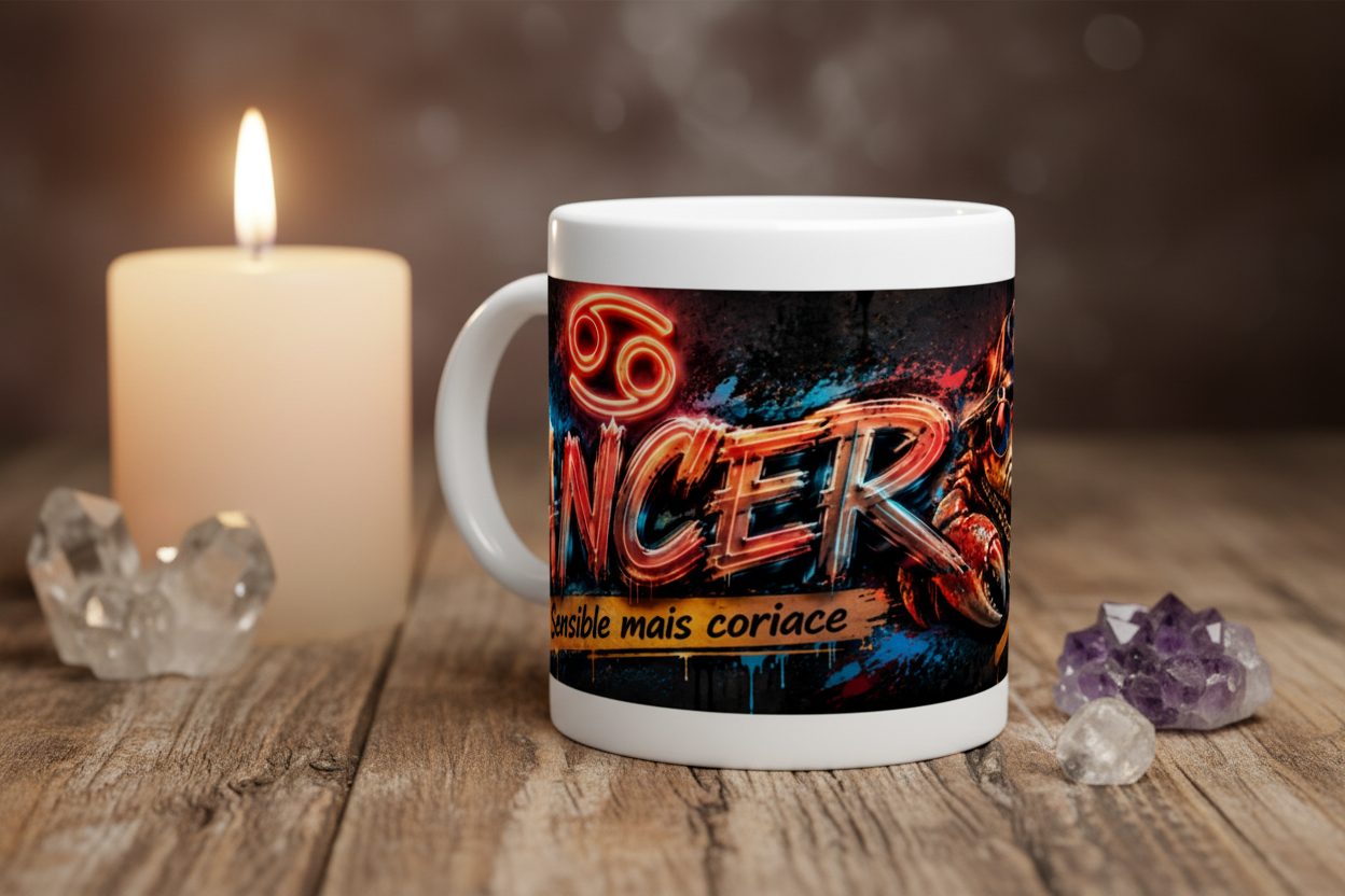 Mug blanc motif CANCER bleu et orange avec texte « Sensible mais coriace »