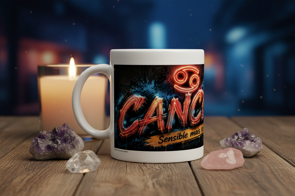 Mug blanc avec motif CANCER et texte « Sensible mais coriace »