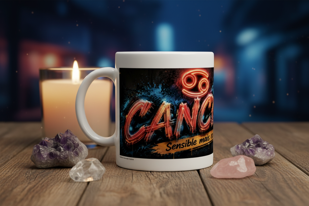 Mug blanc avec motif CANCER et texte « Sensible mais coriace »