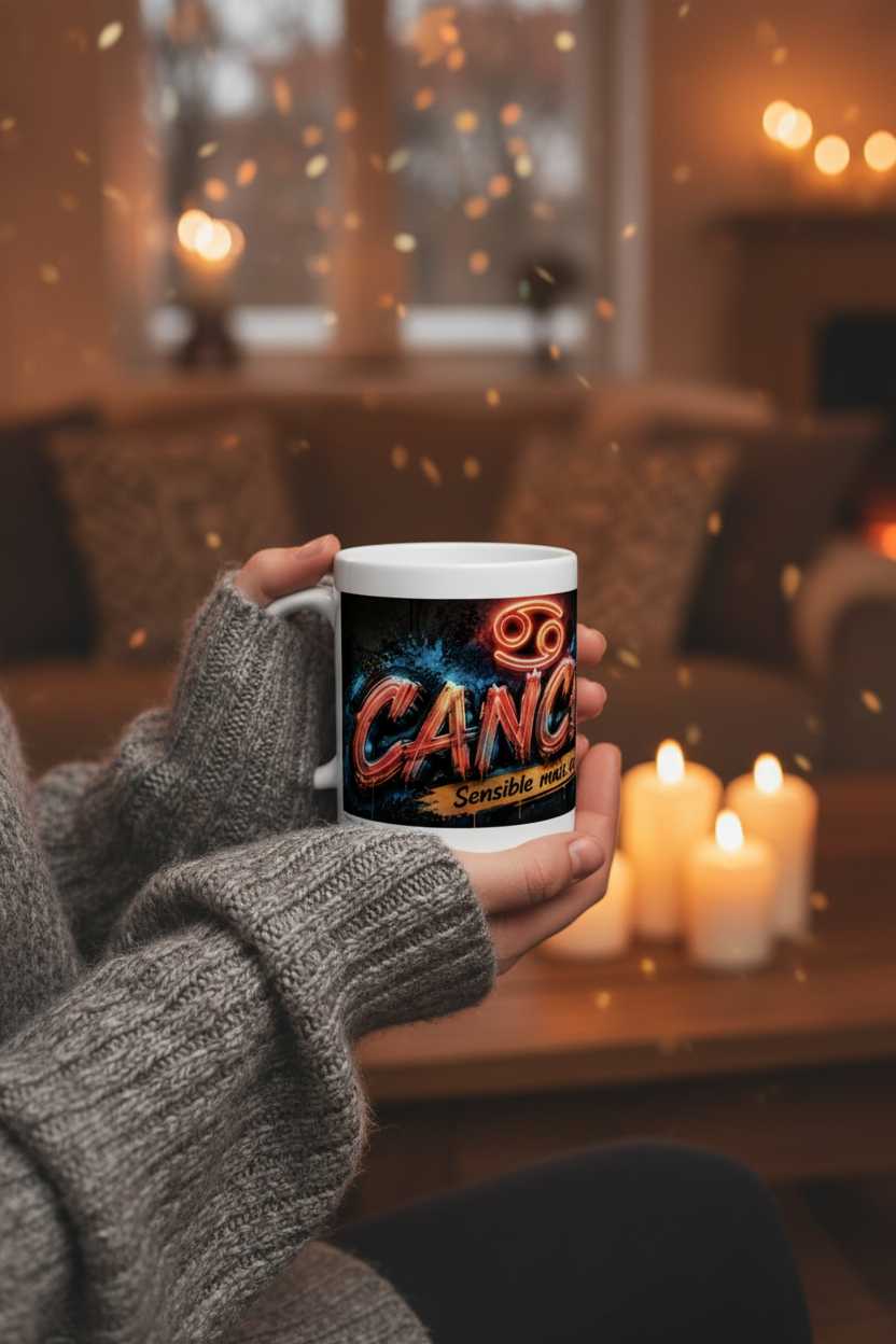 Mug blanc tenu par une personne, motif CANCER et « Sensible mais coriace »
