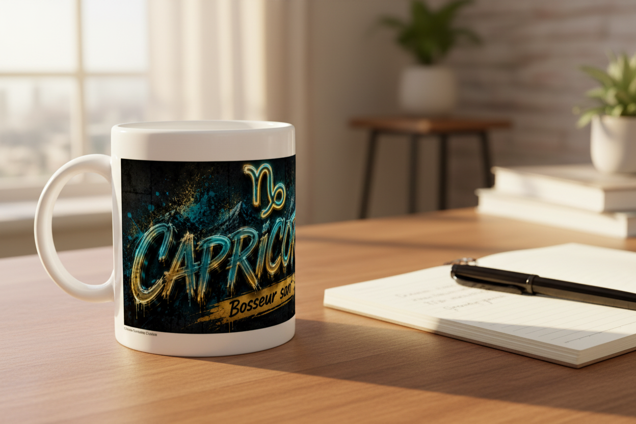 Mug blanc Capricorne, poignée à gauche, visuel bélier et « Bosseur sans off »