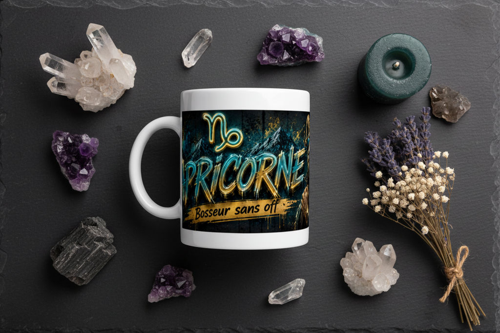Mug blanc Capricorne avec visuel bélier et texte humoristique « Bosseur sans off »