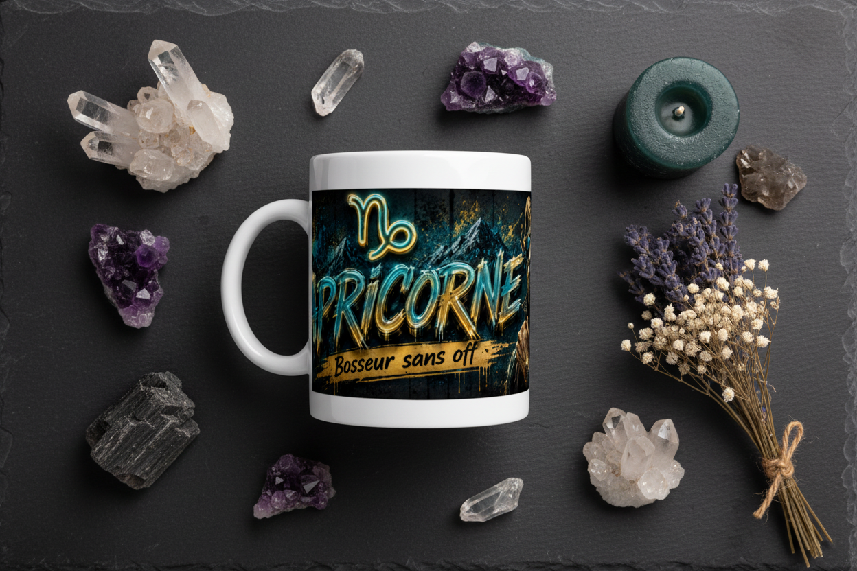 Mug blanc Capricorne avec visuel bélier et texte humoristique « Bosseur sans off »