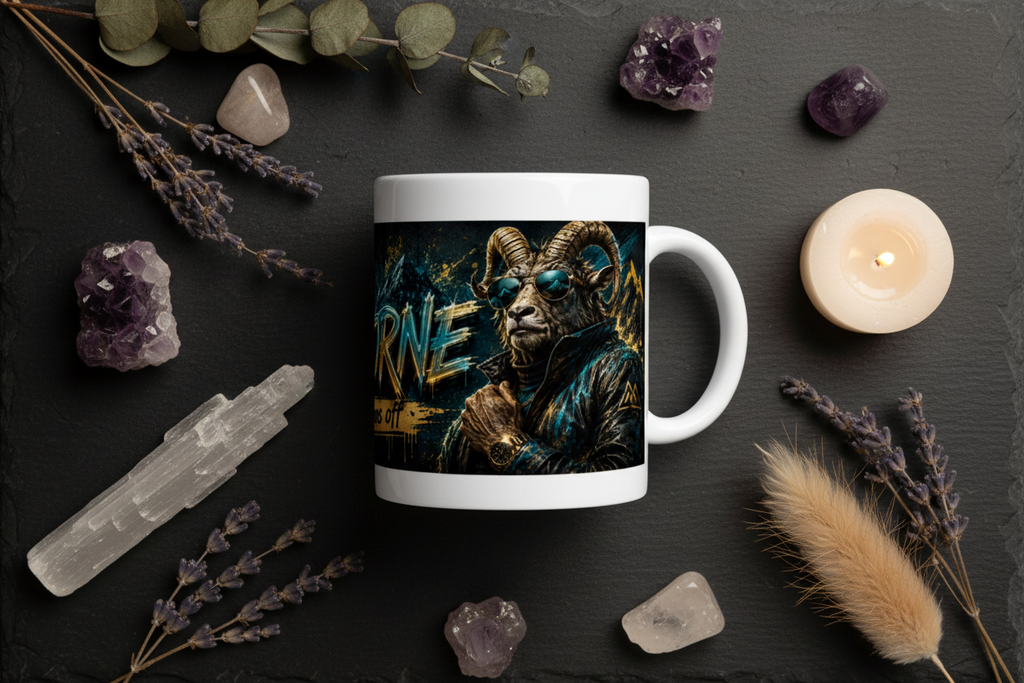 Mug blanc Capricorne vu de dessus, visuel bélier et texte « Bosseur sans off »